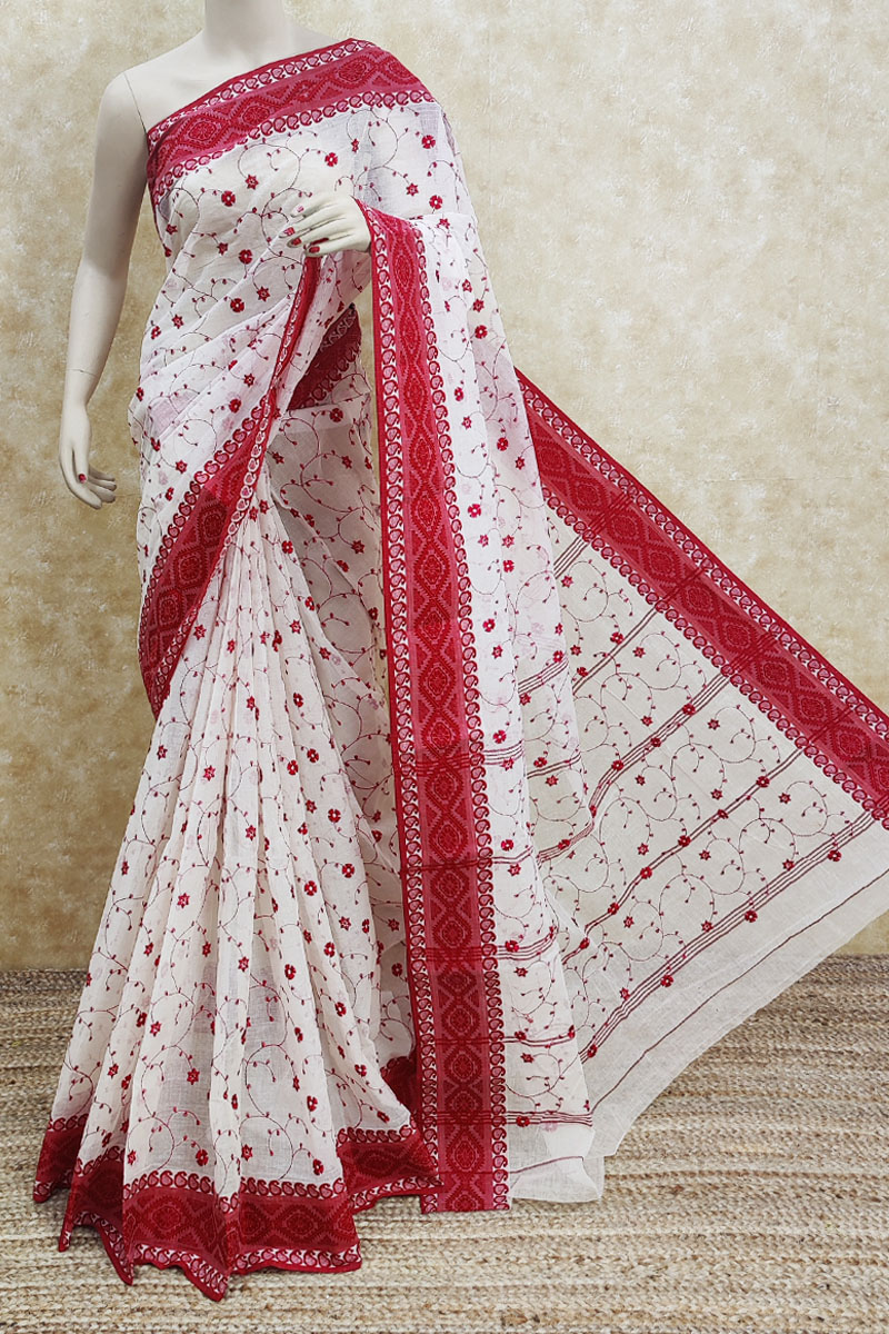 Off White Color With Red  Zari Border Cotton Tant Bengal Handloom Saree (Without Blouse) - MC252064
